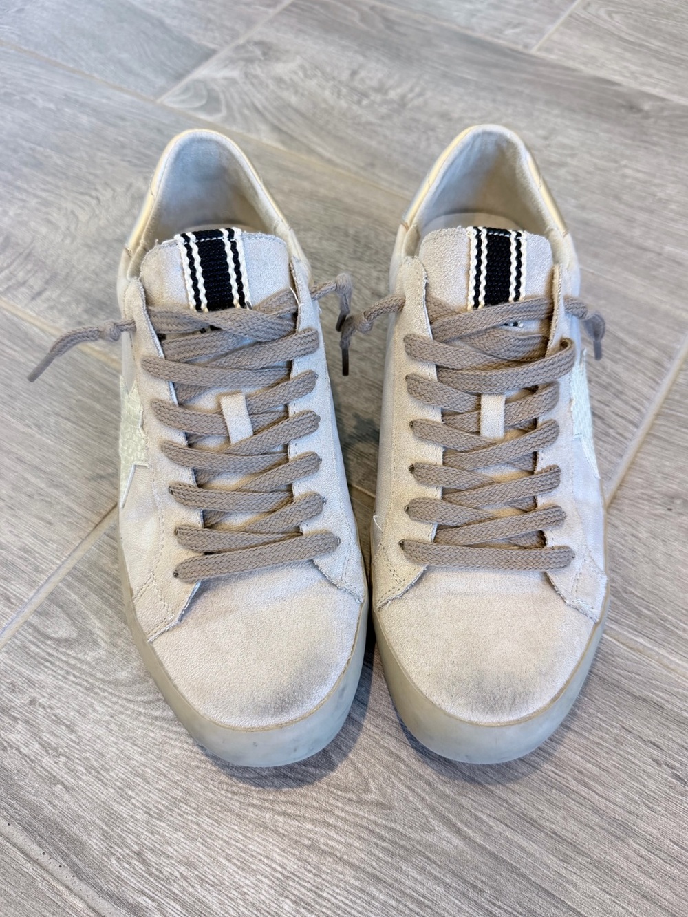 ShuShop Suede Sneakers in Light Beige with Black Stripe Accent